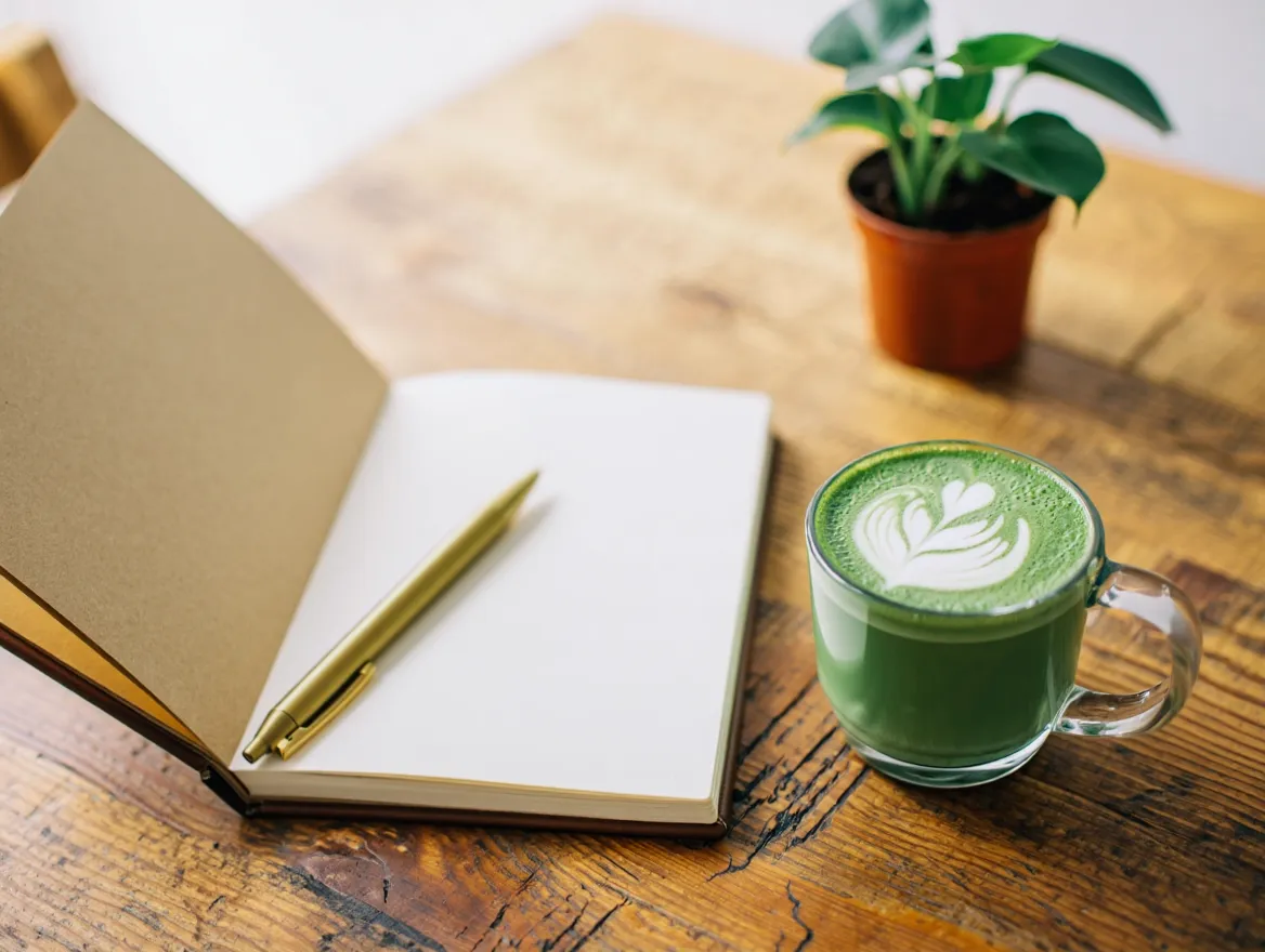 A neatly arranged morning routine setup with a journal, warm tea, and a plant on a wooden table
