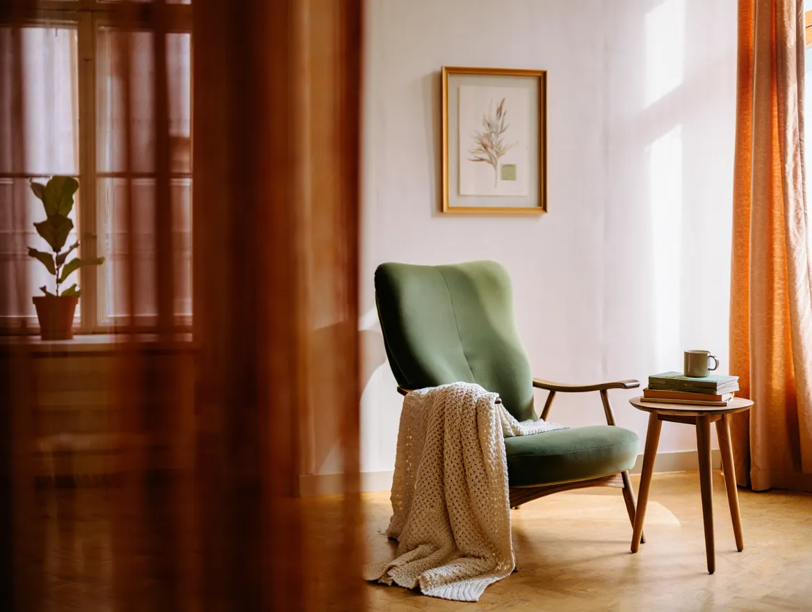 A serene morning space with minimalist decor, soft natural light, and a comfortable reading corner